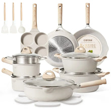 21-piece nonstick cookware set with pots, pans, lids, and light wood handles.