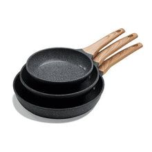 3-piece nonstick frying pan set with wooden handles, stacked black stone-look pans