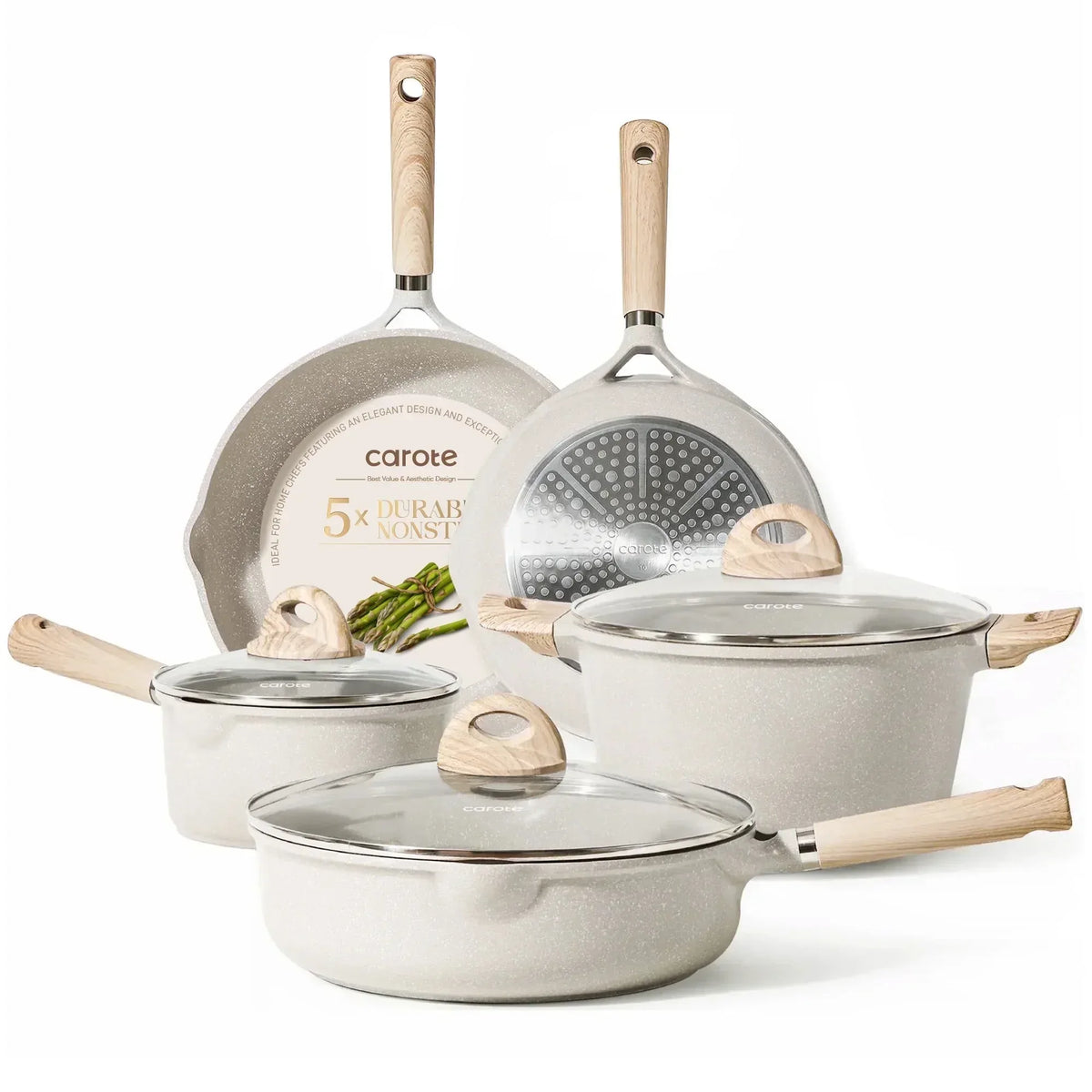 Carote Nonstick Cookware Set 8-Piece,Kitchen Pots and Pans Set,Stay-Cool Handles,Induction Compatible,Cookware Set for RV and Camping,Beige