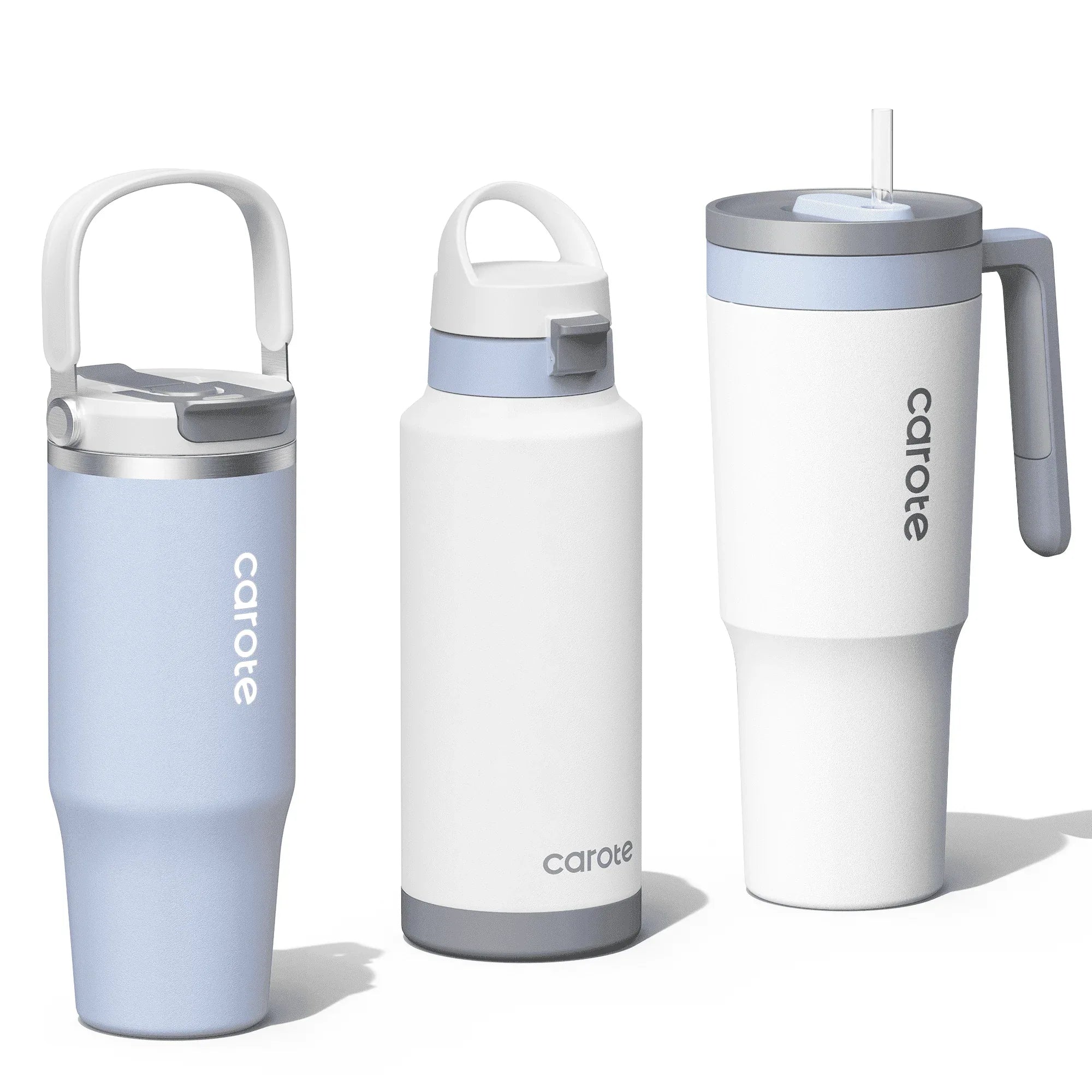 Carote 3pcs Insulated Stainless Steel Water Bottle and Tumbler Set with Straw/Handle, 34oz & 32oz*2, Blue - USA MEGA SHOP