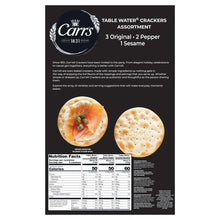 Carr's table water cracker assortment back panel with nutrition facts and photos