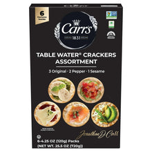 Carr's table water cracker assortment box showing 3 original, 2 pepper, 1 sesame