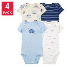 Four-pack short-sleeve baby bodysuits: dino prints and navy/white stripes
