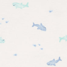 White bodysuit fabric with blue and light blue fish pattern