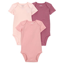Pink baby bodysuit set of three with short sleeves and snap closure