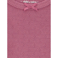 Mauve/purple baby bodysuit with textured knit pattern and bow at neckline