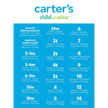 Carter's child of mine baby size chart graphic for preemie through 18m and more