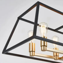Long pendant light with black-and-brass geometric frame and clear glass bulb shades