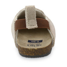 Tan suede infant slip-on clogs, back view with strap and fabric lining
