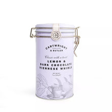 Lavender cookie tin with clamp lid labeled for lemon & dark chocolate Viennese whirls
