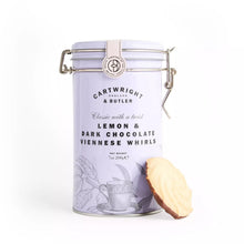 Lavender cookie tin with clamp lid; lemon and dark chocolate Viennese whirls shown