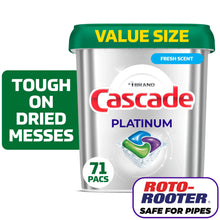 Cascade Platinum dishwasher detergent pods canister, green lid, 71 packs, roto-rooter safe