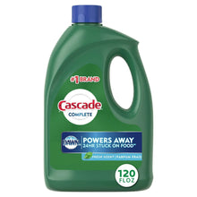 Cascade Complete dishwasher detergent liquid gel bottle, green with blue cap, 120 fl oz