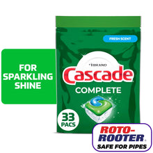 Cascade Complete dishwasher detergent pods in green Fresh Scent pouch, 33 packs