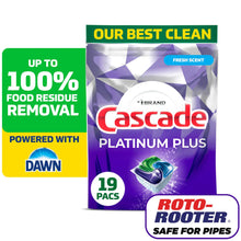 Cascade Platinum Plus dishwasher pod pack, 19 count, fresh scent, Roto-Rooter safe