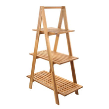 Three-tier outdoor wood plant stand with slatted steps and angled frame