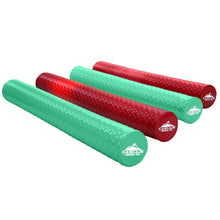 4-pack water sports noodles: three green and one red foam tube floats with branding