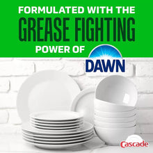 Cascade Platinum dishwashing gel with Dawn branding, white stacked dinner plates