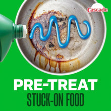 Cascade Platinum dishwashing gel pre-treat stream over dirty pan surface
