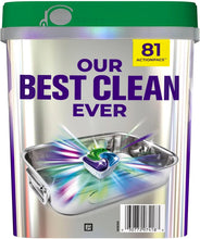Dishwasher detergent pacs tub, 81 count, best clean ever, back view with barcode