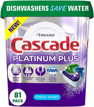 Dishwasher detergent pacs tub, Cascade Platinum Plus, fresh scent, front label