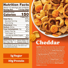 Nutrition facts panel for Cheddar protein snack mix with 10g protein and 1g sugar