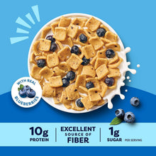 Blueberry muffin cereal with milk splash graphic and visible cereal pieces with blueberries.