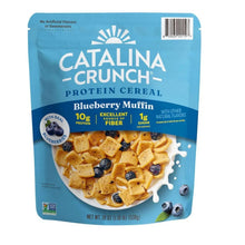 Catalina Crunch blueberry muffin cereal pouch, blue with cereal and blueberries on front.