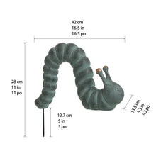 Garden caterpillar statue size chart with stake and green curled body, measurements shown