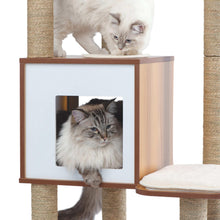 Cat tree enclosed condo with window panel, plush cushion ledge, rope post