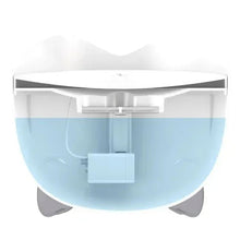 Inside view of cat drinking fountain tank with pump and filter module in white housing