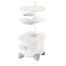 White cat drinking fountain with raised bowl top and central pump stand, three-lobed feet