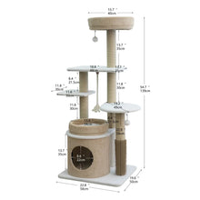 Beige cat tree size diagram showing multiple levels, posts, and base