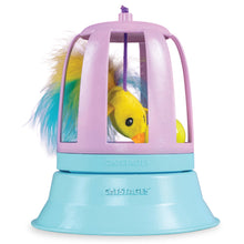 Purple dome interactive cat toy with yellow bird and dangling feather, touch-activated track