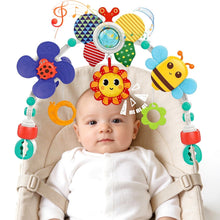 Baby sensory activity stroller arch toy with hanging plush and rattle animals