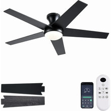 Ceiling fan with LED light and 4 black blades, flush-mount design with remote control