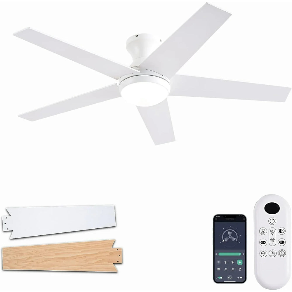 Ceiling Fans with Lights, 48 inch Low Profile Ceiling Fan with Light and Remote Control, Flush Mount, Reversible Motor, Dimmable, Noiseless, White Ceiling Fan for Bedroom, Indoor/Outdoor Use - USA MEGA SHOP