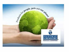 Diatomite filter media powder held in hands with Natural Chemistry badge