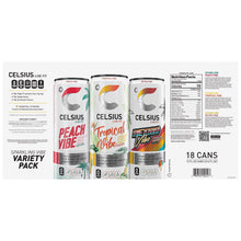 Celsius Sparkling Vibe variety pack back panel with nutrition facts and 18 cans