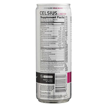 Sparkling Wild Berry energy drink can, back label with nutrition facts