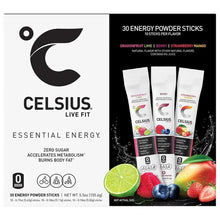 Celsius energy powder stick variety pack, 30-count, front with fruit flavor sachets
