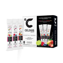 Celsius Live Fit energy powder sticks variety pack with 30 sticks, front view and packets