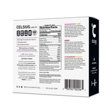 Celsius Live Fit energy powder sticks variety pack, back panel with ingredient info