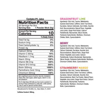 Celsius Live Fit nutrition facts panel for energy powder sticks, includes flavors