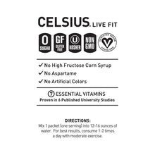 Celsius Live Fit energy powder sticks box front with icons and mixing directions