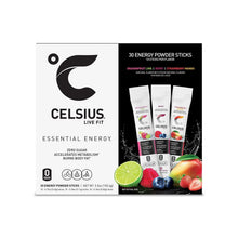 Celsius Live Fit Essential Energy variety pack box with 30 powder stick packets