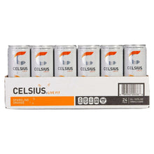 Celsius Sparkling Orange energy drink 24-count multipack with six silver cans shown
