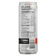 Celsius Sparkling Orange energy drink can, back panel with nutrition and ingredient details