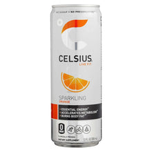 Celsius Sparkling Orange energy drink can, 12 fl oz, silver with orange citrus logo