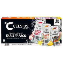Celsius Sparkling Vibe variety pack box with 18 cans and zero sugar label